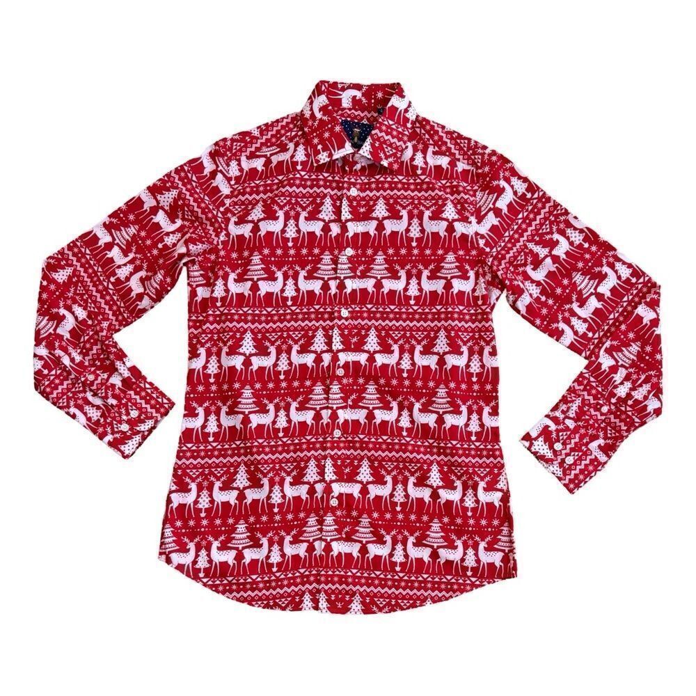 Simon Banks Christmas Holiday Reindeer Button Up Mens Long Sleeve Shirt SM NWOT